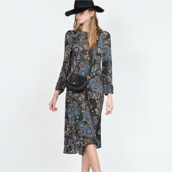 Zara Dresses & Skirts - Zara Midi Dress Floral Retro 70s Print A Line Keyhole Back size Large 4043281